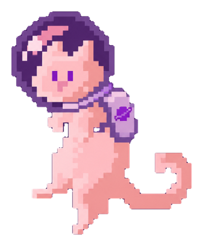 Purrbit, a pink pixel-art cat in a bubble space helmet with a lavender backpack, floating mid-stride