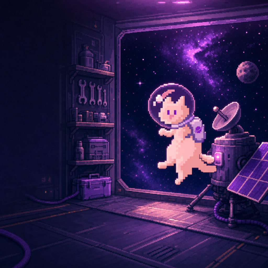 Purrbit floating inside a dim space-station workshop beside a window onto the galaxy, a satellite dish and a solar panel